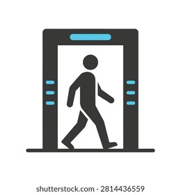 Minimalist vector graphic illustration of a person walking through an airport metal detector security gate with bright cyan accent colors