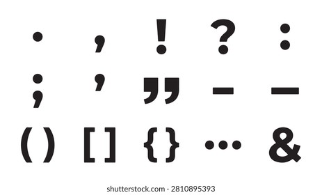 Minimalist vector graphic illustration showcasing a comprehensive collection of essential black punctuation marks and various typographic symbols arranged neatly for professional document editing or creative digital design projects requiring clean legible glyphs for clear communication and precise text formatting within diverse modern software applications and creative layouts