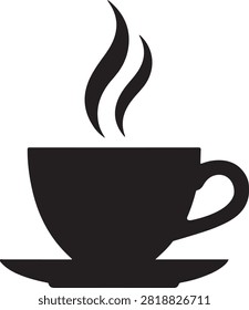 Minimalist vector graphic illustration of a steaming hot coffee cup icon isolated on a plain clean white background surface