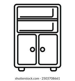 Minimalist vector graphic of a kitchen cabinet with shelves and doors, perfect for representing storage and organization