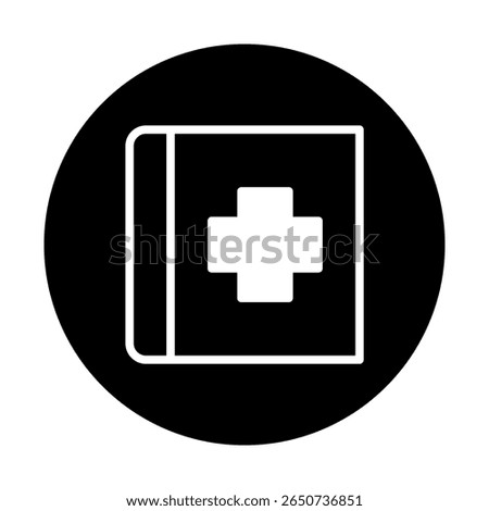 Minimalist vector graphic of a medical guide book with a plus sign symbolizing healthcare
