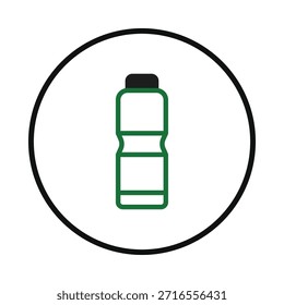 Un gráfico de Vector minimalista retrata el contorno de una botella de agua verde reutilizable dentro de un círculo negro, simbolizando la conciencia ambiental y las iniciativas de sostenibilidad para una hidratación limpia. Esto