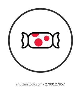 Um gráfico vetorial minimalista que apresenta um ícone de doce envolto. O design apresenta uma forma retangular arredondada de doce com pontos de polca vermelhos, fechados em um invólucro simples. O doce está contido em um