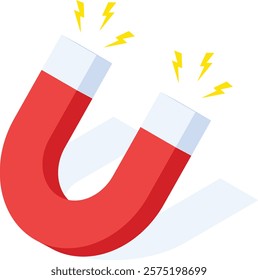 A minimalist vector graphic of a red horseshoe magnet emitting yellow lightning bolts, symbolizing magnetic energy and power.