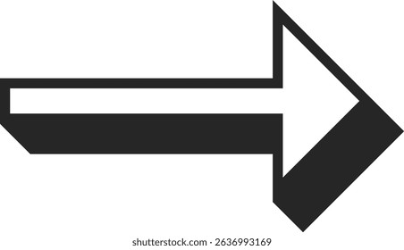 Minimalist vector graphic representing a black arrow pointing to the right side with a subtle 3d effect, ideal for indicating direction or progress on a clean white background