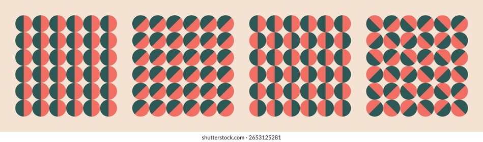 Padrão contínuo gráfico de vetor minimalista definido com círculos divididos em metades e diagonais. Contraste negrito vermelho cor verde estilo retro abstrações geométricas para têxteis, impressão, papéis de parede, brochuras