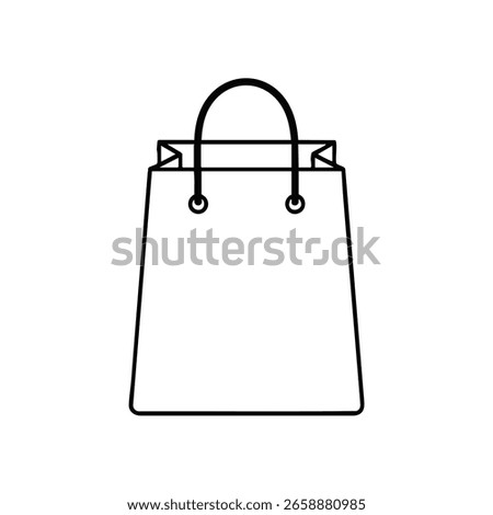 A minimalist vector graphic of a shopping bag, featuring a trapezoidal shape, a curved handle, and two circular grommets for the handle attachment.