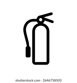 Um gráfico vetorial minimalista mostra um extintor de incêndio. O contorno preto em negrito destaca o cilindro, mangueira, bico e alça, apresentados sobre um fundo branco.
