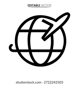 Eine minimalistische Vektorgrafik, die einen Globus mit einer Ebene zeigt, die weltweite Reisen und Erkundungen symbolisiert.
