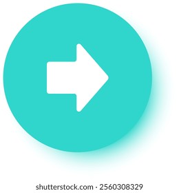 Minimalist vector graphic showing a white arrow pointing right on a turquoise circle with drop shadow on white background, conveying direction, movement, and progress