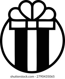 Minimalist vector graphic of square gift box tied with beautiful ribbon bow enclosed in circular border suitable for holidays special occasions or anniversary greeting design.