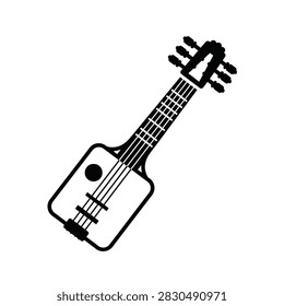 A minimalist, vector graphic of a stringed instrument, possibly a lute or a guitar, presented in black and white with clean lines.