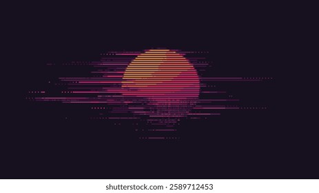 Minimalist vector graphic of a sunset with glitch effect. dark background. cyberpunk aesthetic. pixel art style. minimalistic design. retrofuturistic simple lines.