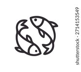 Minimalist vector graphic of two fish intertwining to form a circle ideal for astrology seafood or marine related designs.