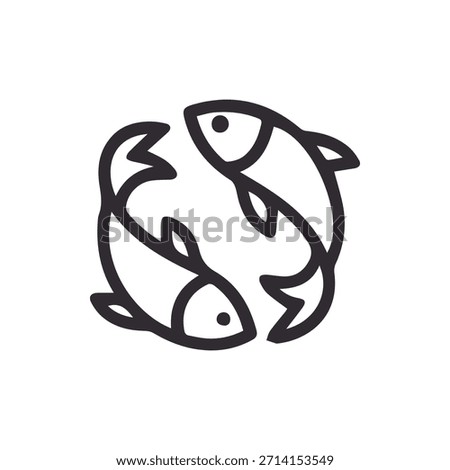 Minimalist vector graphic of two fish intertwining to form a circle ideal for astrology seafood or marine related designs.