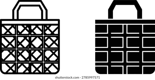 Minimalist vector graphics depicting reusable carryalls one with clear crosshatching the other solid black. Ideal for retail concepts.