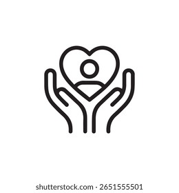Minimalist vector of hands holding a heart with a person symbol inside, representing love, support, charity, care, and community values. Perfect for healthcare and nonprofit themes.
