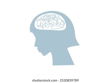 A minimalist vector of a human head silhouette with tangled lines inside, representing confusion or mental disarray. The abstract design symbolizes stress, overthinking, or psychological struggles    
