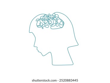 A minimalist vector of a human head silhouette with tangled lines inside, representing confusion or mental disarray. The abstract design symbolizes stress, overthinking, or psychological struggles  