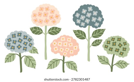Minimalist vector hydrangea flowers set. Pastel pink, blue, green colors. Cute hand drawn flat design illustrations isolated on white background