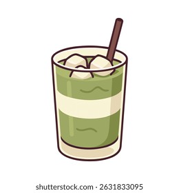 Minimalist vector of iced matcha latte served in a striped glass with chocolate stick and ice cubes, perfect for modern beverage menus and café visuals.
