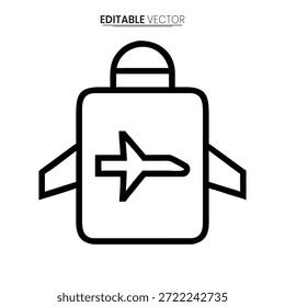 Ein minimalistisches Vektorsymbol eines Rucksacks mit einem nach rechts zeigenden Pfeil, der Reise und Richtung darstellt.