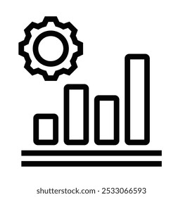 Ícone de vetor minimalista de um gráfico de barras com uma engrenagem, simbolizando a análise de dados, o progresso e a melhoria do sistema. Traçado editável.