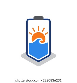 Minimalist vector icon of a battery containing a sun rising over a blue ocean wave, representing renewable energy and sustainability.