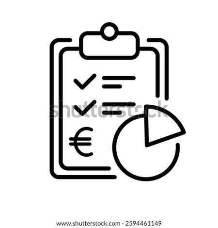 Minimalist Vector Icon for Budgeting in Stroke Style Featuring Clipboard Checklist Euro Pie Chart Calculator for Expense Management