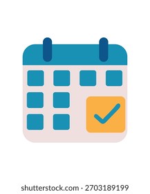 Icono de Vector minimalista de un calendario con un encabezado azul, anillos de encuadernación azul oscuro y un diseño de cuadrícula que representa días. Un cuadrado se resalta con una marca de verificación amarilla, que simboliza una tarea completada o