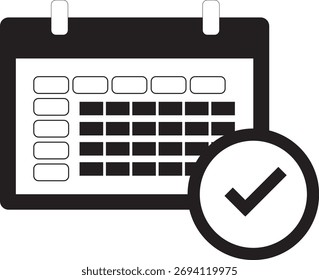 Icono de Vector minimalista de un calendario con una marca de verificación. Representa la programación, la finalización de tareas, la configuración de citas, la planificación o las fechas confirmadas. Ideal para aplicaciones digitales, negocios 