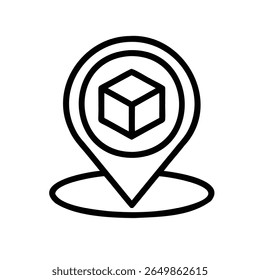 Ícone de vetor minimalista de uma caixa de papelão com um ponteiro de localização, ilustrado em estilo de contorno limpo em um fundo branco.