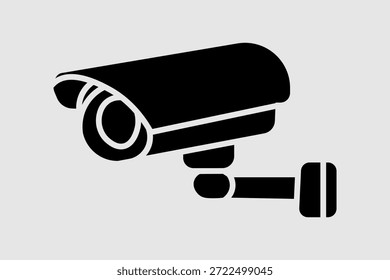 Un ícono de Vector minimalista de un circuito cerrado de televisión o cámara de seguridad. La cámara se muestra en una vista de tres cuartos, montada en un soporte de pared.