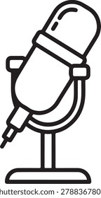 Minimalist vector icon of a classic microphone on a stand, ready for use with a connected cord.