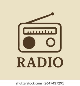 A minimalist vector icon of a classic radio receiver with an antenna and tuning knobs, rendered in warm brown on a light beige background, evoking a vintage and simple aesthetic.