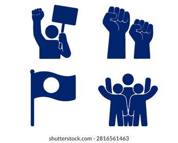 Minimalist vector icon collection featuring symbols of protest, activism, solidarity, teamwork, and community engagement. The set includes a protester holding a blank sign, raised fists, a waving flag, and a group of people celebrating unity. Designed in a clean monochrome silhouette style, these icons are ideal for themes related to social justice, civil rights, human rights, political campaigns, public demonstrations, advocacy, volunteer organizations, community support, and educational or editorial projects.