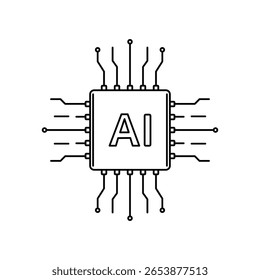 Minimalist vector icon of a compact AI circuit with vertical and horizontal connections.