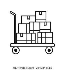 Ícone de vetor minimalista de um carrinho de entrega carregado com caixas de encomendas, projetado em estilo de contorno limpo em um fundo branco.