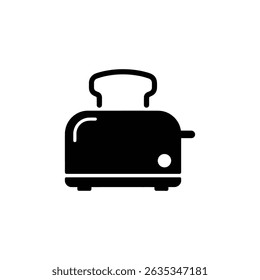 A minimalist vector icon depicting a black silhouette of a toaster with a slice of bread. Great for representing kitchen appliances or breakfast themes.