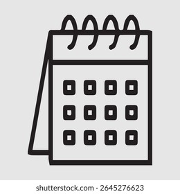 Minimalist vector icon depicting a calendar. The design features thick black lines forming a rectangular calendar shape with ring binders at the top and nine empty square cells arranged in three rows