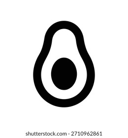 Icono de Vector minimalista que representa un aguacate cortado a la mitad con un hoyo visible. La ilustración presenta un contorno negro limpio sobre un fondo blanco, destacando su diseño simple.