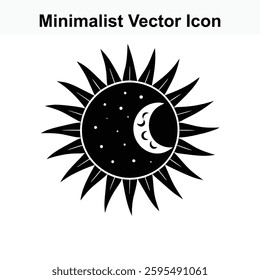 A minimalist vector icon depicting a sun with a crescent moon inside it nighttime celestial minimalist sun moon icon