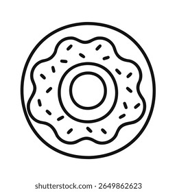Minimalist vector icon of a doughnut illustrated in clean outline style, isolated on a white background
