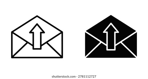 Minimalist vector icon of an envelope featuring a bold upward arrow, perfect for messaging, email, or upload concepts in black and white style.