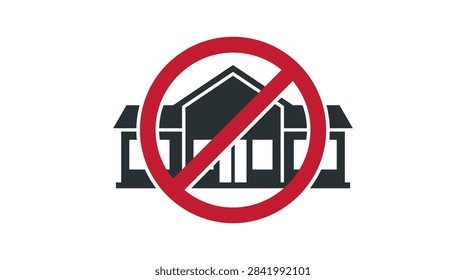 Minimalist vector icon featuring a black residential house silhouette crossed out by a red circle with a slash, symbolizing restriction, eviction, or private property.