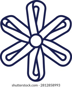 Minimalist vector icon featuring a dark blue outline geometric flower ornament with six symmetrical overlapping ribbon loops isolated on a white background for branding and luxury logo designs.