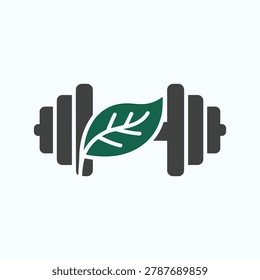 A minimalist vector icon featuring a dumbbell integrated with a green leaf, symbolizing natural fitness, plant-based nutrition, and healthy lifestyle.