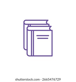 A minimalist vector icon featuring a stack of two books, outlined in a vibrant purple color, symbolizing knowledge and education.
