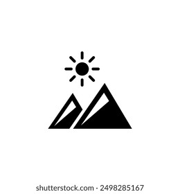 Minimalist vector icon featuring a sun rising over mountains, perfect for travel, adventure, and nature themes.