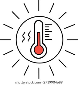 Un ícono de Vector minimalista con un termómetro con líquido rojo dentro de un símbolo solar para ilustrar el Clima caliente o el aumento de las temperaturas. Este gráfico simple es ideal para pronósticos de Clima, conceptos de calentamiento global y advertencias de calor de verano.